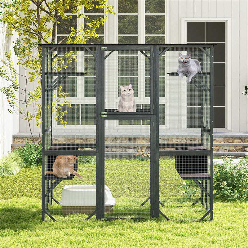 71" Tall Catio Outdoor Cat Enclosure Large Wooden Cat House Walk-in Cat Condo Cat Cage Kitten Playpen with Weatherproof Asphalt Roof