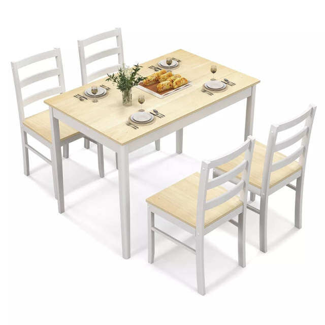 Dining Table Set for 4, Solid Wood Rectangular Table 4 Chairs Set 5-Piece Farmhouse Dinette Set Space-Saving Kitchen Furniture
