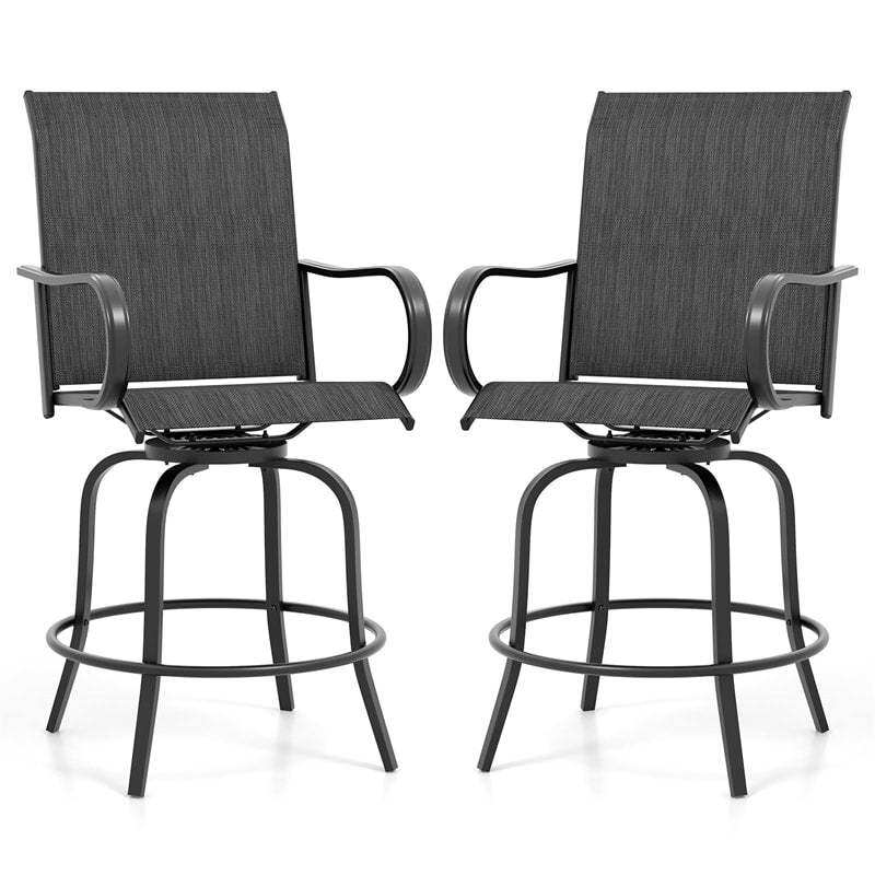 Outdoor Swivel Bar Stools Set of 2, All-Weather Steel Frame Bar Height Patio Chairs with Curved Armrests, High Back & Cozy Footrest