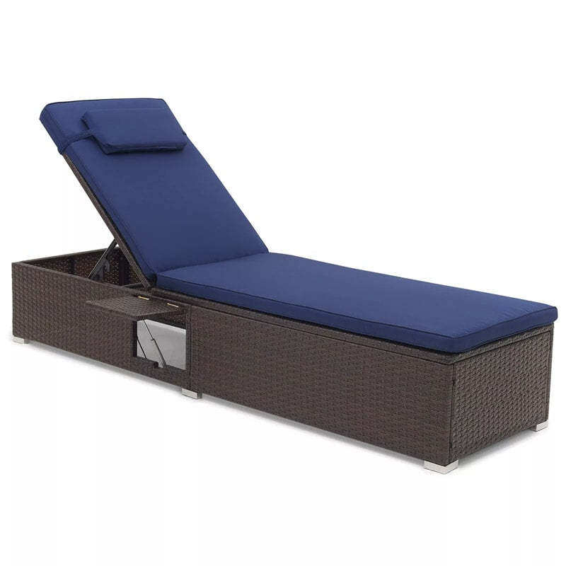 Patio Chaise Lounge, Outdoor Rattan Lounge Chair with 6-Level Adjustable Backrest, Cushion & Headrest, Metal Frame Backyard Reclining Chair