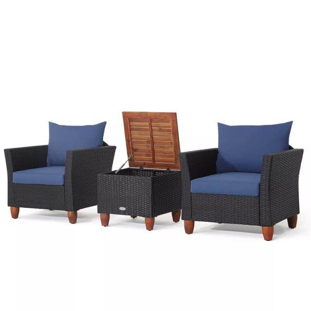 3PCS Patio Rattan Furniture Set Cushioned Sofa Chair Storage Coffee Table with Acacia Wood Top, Outdoor Wicker Conversation Set for Garden