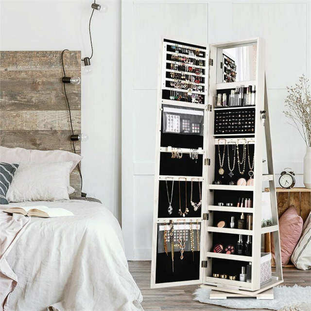 360° Swivel Jewelry Cabinet Armoire with Full Length Mirror & Rear Storage Shelves, Standing Lockable Jewelry Organizer Inside Makeup Mirror