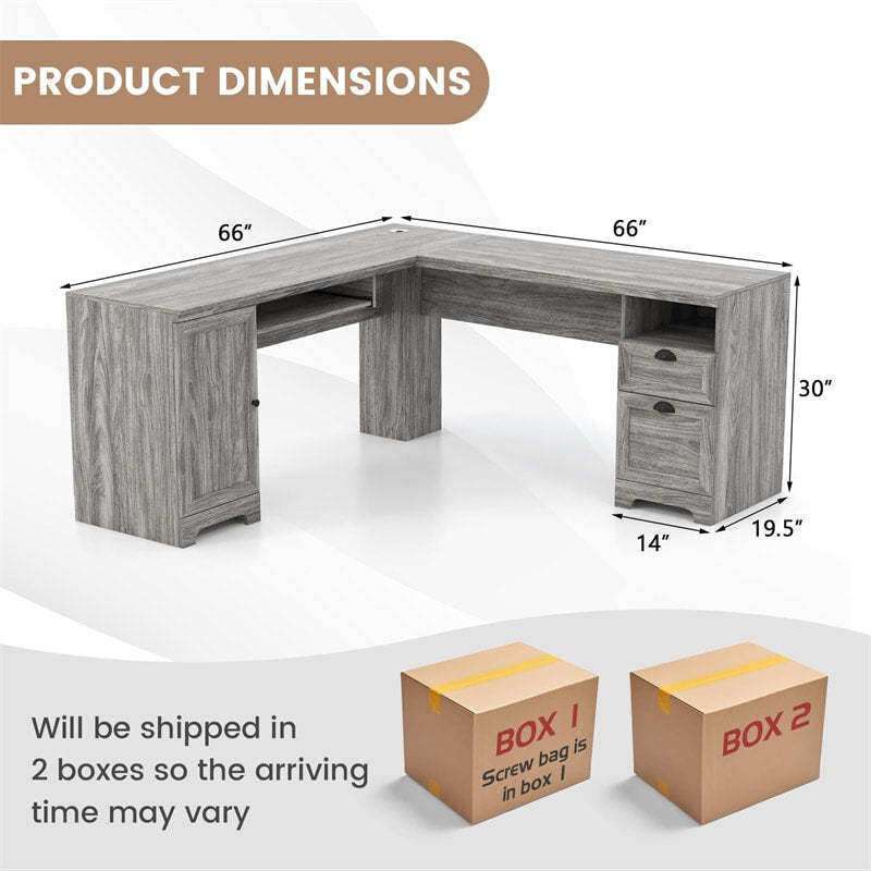 66" L-Shaped Office Desk, Modern Executive Corner Computer Desk with Power Outlets, Storage, Adjustable Shelf, Keyboard Tray for Working Writing