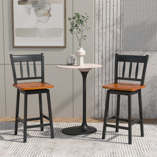 360° Swivel Bar Stools Set of 2, 24.5" Rubber Wood Counter Height Bar Chairs with Ergonomic Back & Footrest for Kitchen Island, Pub, Dining Room