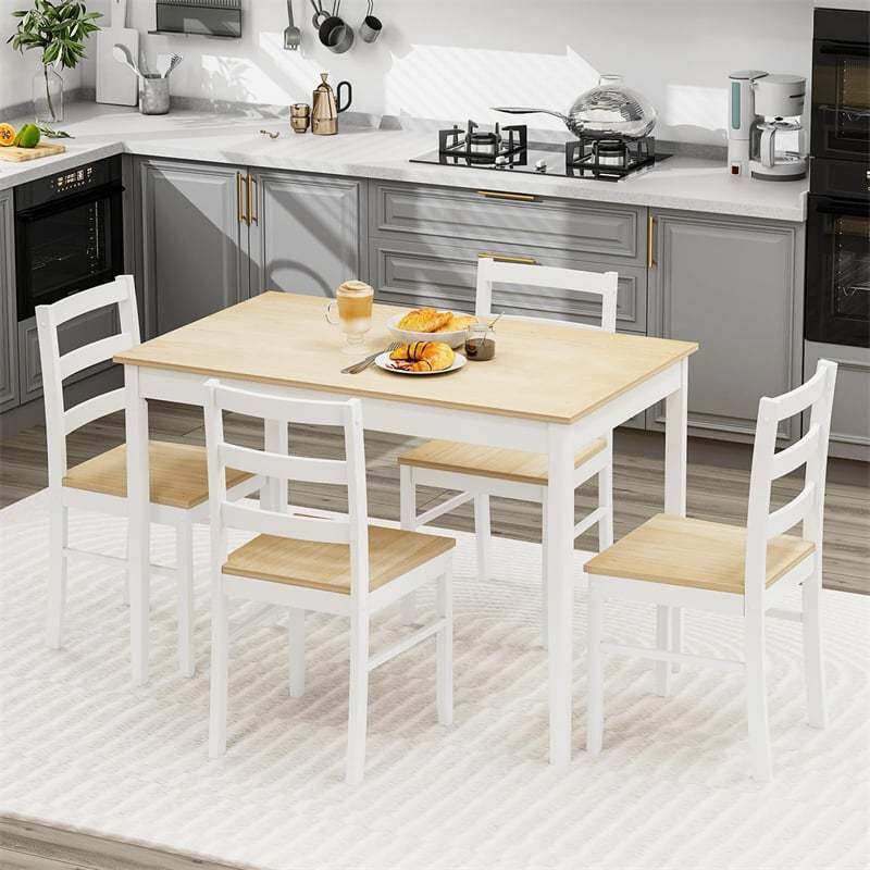 Dining Table Set for 4, Solid Wood Rectangular Table 4 Chairs Set 5-Piece Farmhouse Dinette Set Space-Saving Kitchen Furniture