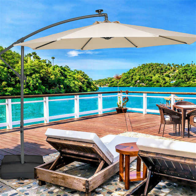 10FT Solar Offset Patio Umbrella, Hanging Cantilever Umbrella with 32 LED Lights, Adjustable Tilt, Sand Bag Base for Garden, Poolside, Yard