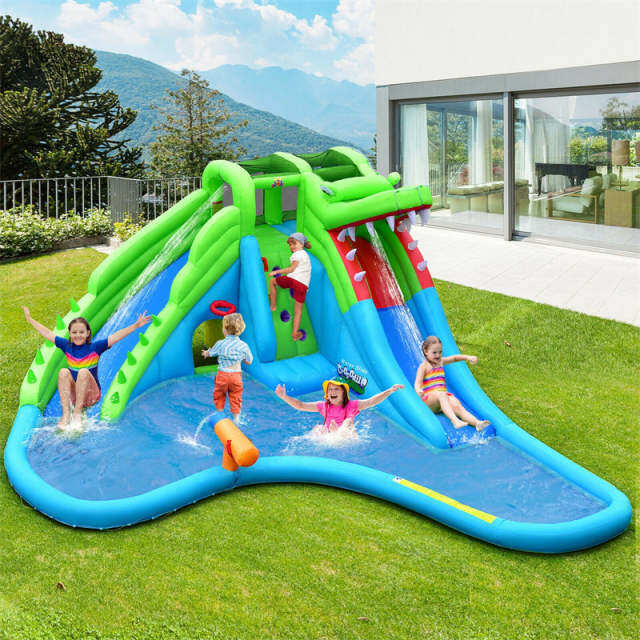 Inflatable Water Slide, Crocodile Mighty Bounce House Water Park with 780W Blower, Dual Slides & Splash Pool for Kids & Adults, Backyard Family Fun