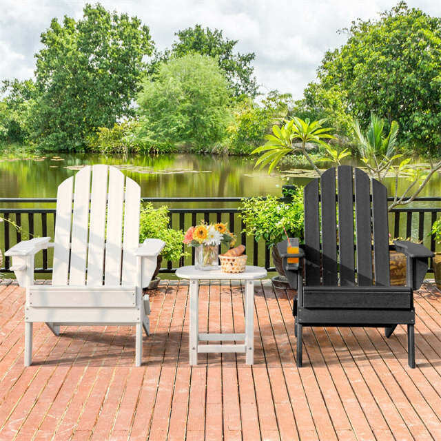 HDPE Folding Adirondack Chair, Outdoor Fire Pit Chair with Cup Holder, Weather Resistant Patio Lounge Chair for Backyard, Garden, Poolside