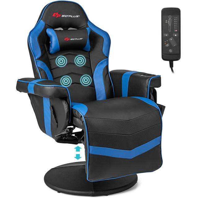 Gaming Recliner Adjustable Height Massage Gaming Chair with Retractable Footrest & Cup Holder, Ergonomic Swivel Video Game Chair Recliner Sofa