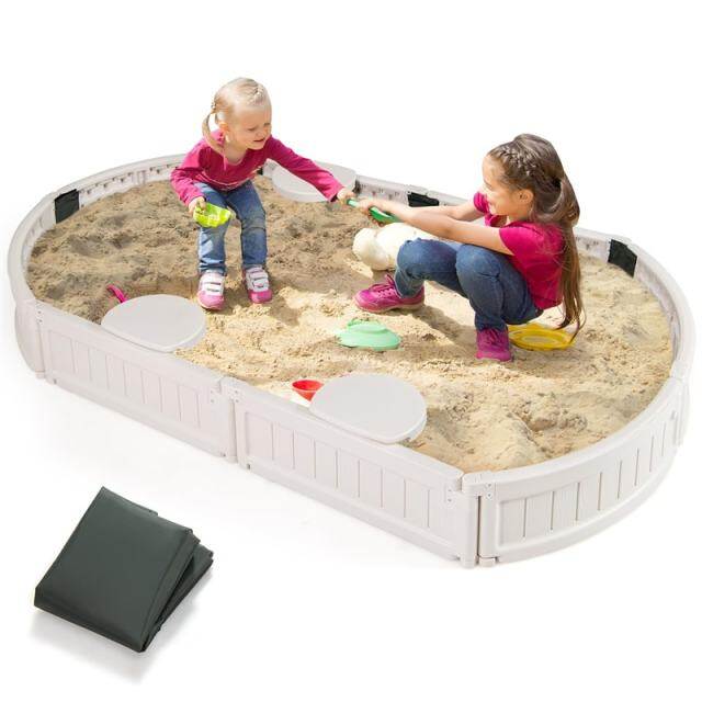 Kids Outdoor Sandbox 6FT Oval Sand Pit with Cover, 4 Built-in Corner Seats & Bottom Liner