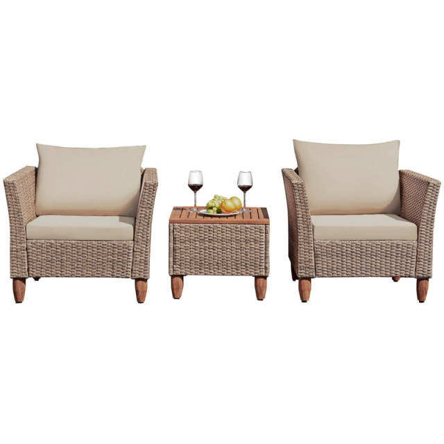 3-Piece Rattan Bistro Sofa Set Wicker Patio Furniture Set with Cushions & Side Table