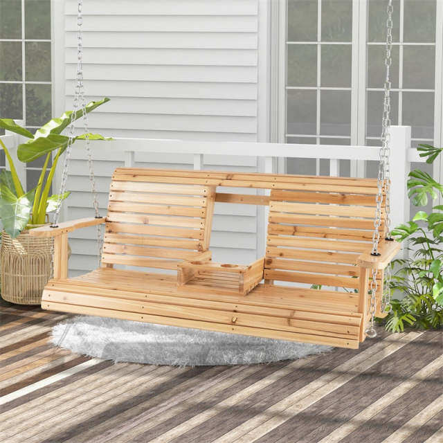 2-Seat Wood Porch Swing with Adjustable Chains & Foldable Cup Holders, Outdoor Hanging Swing Bench for Backyard, Porch, Garden