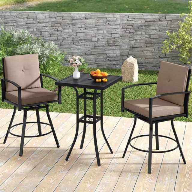 3-Piece All-Weather Metal Patio Bar Set, Outdoor 360° Swivel Bar Stools & Table with Removable Cushions & Umbrella Hole for Poolside, Deck, Backyard
