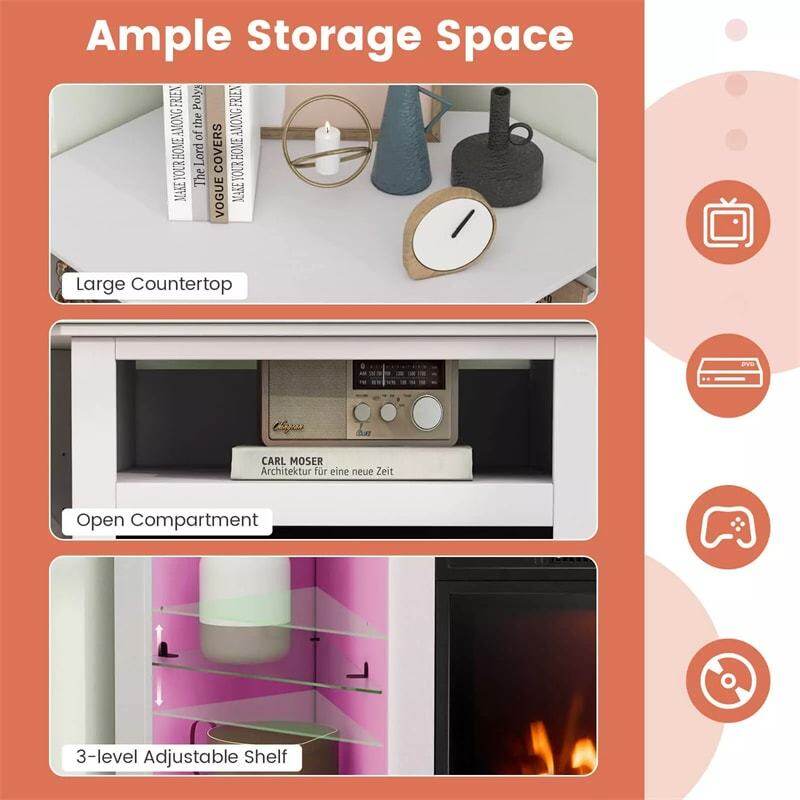 45" Corner Fireplace TV Stand for 50" TVs, Modern Fireplace Entertainment Center with 16-Color LED Lights, Smart APP Control, Adjustable Shelves