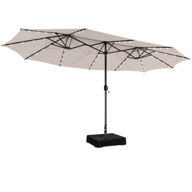 15FT Double-Sided Patio Umbrella with Base, 48 Solar LED Lights & Crank Handle, Extra Large Double Outdoor Umbrella for Poolside, Backyard