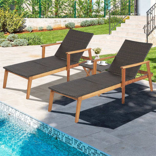 3 Piece Patio Rattan Chaise Lounge Chair & Folding Side Table Set, Acacia Wood Outdoor Recliner w/4-Position Adjustable Backrest for Poolside Backyard