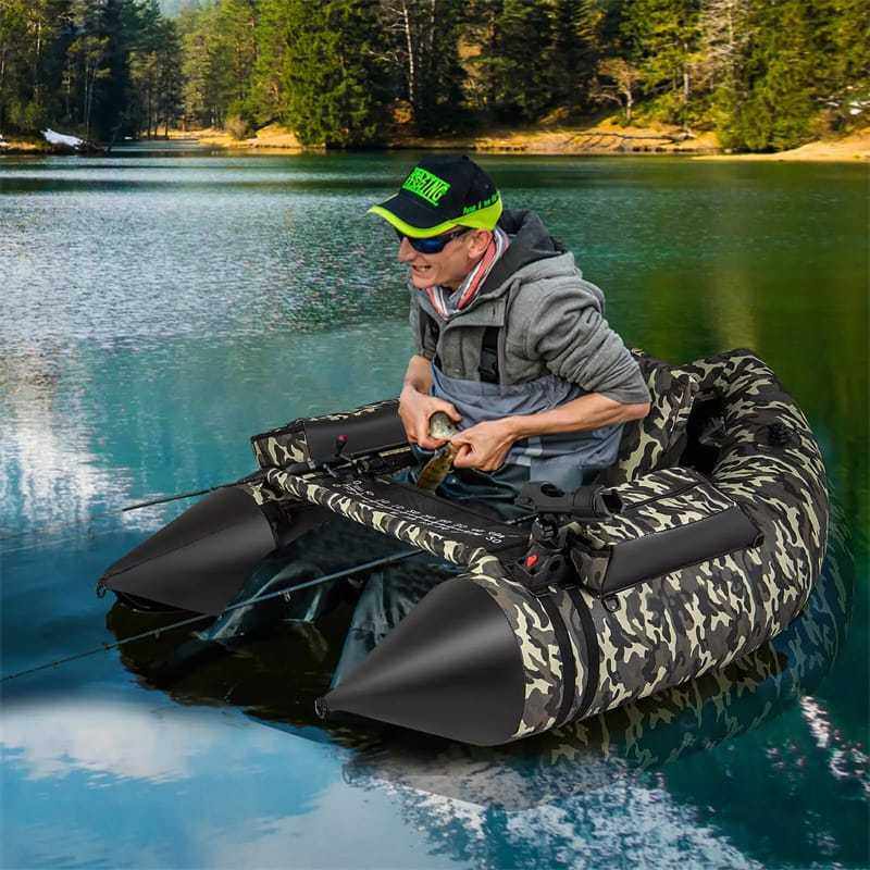 Inflatable Fishing Float Tube 350LBS Capacity Belly Boat with Flippers, Fish Ruler, Rod Holder, Pump, Storage Bag, Adjustable Backrest & Straps