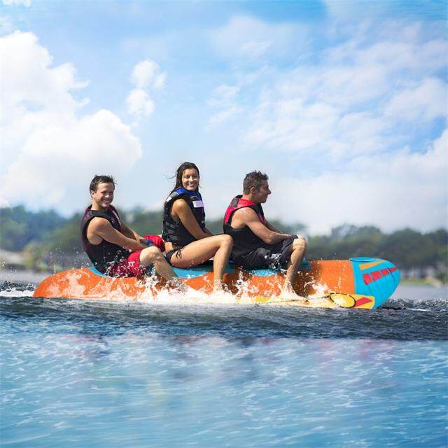 Inflatable 3-Person Towable Tube for Boating, Hot Dog Towable Tube Water Sports Banana Boat Ride with 3 EVA-Padded Seats for Towing Rider
