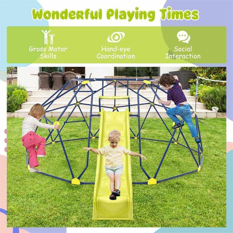 13.3FT Climbing Dome with Extended Wavy Slide, Kids Outdoor Jungle Gym Monkey Bar Geometric Dome Climber Climbing Toys for Toddlers