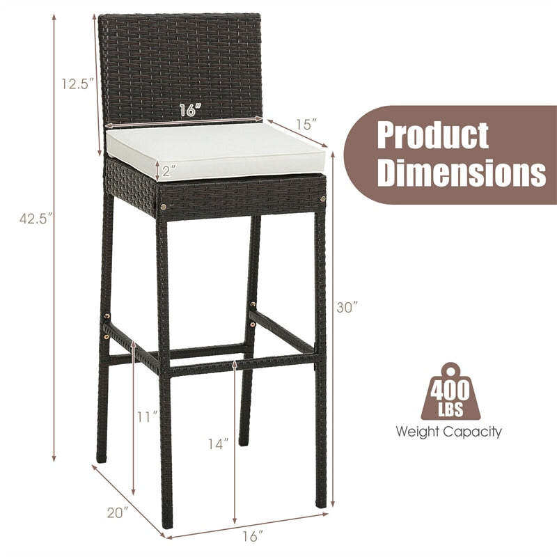 Wicker Outdoor Bar Stools Set of 4, Heavy-Duty Metal Frame Rattan Patio Bar Height Chairs w/ Cushions, Footrests for Backyard, Balcony