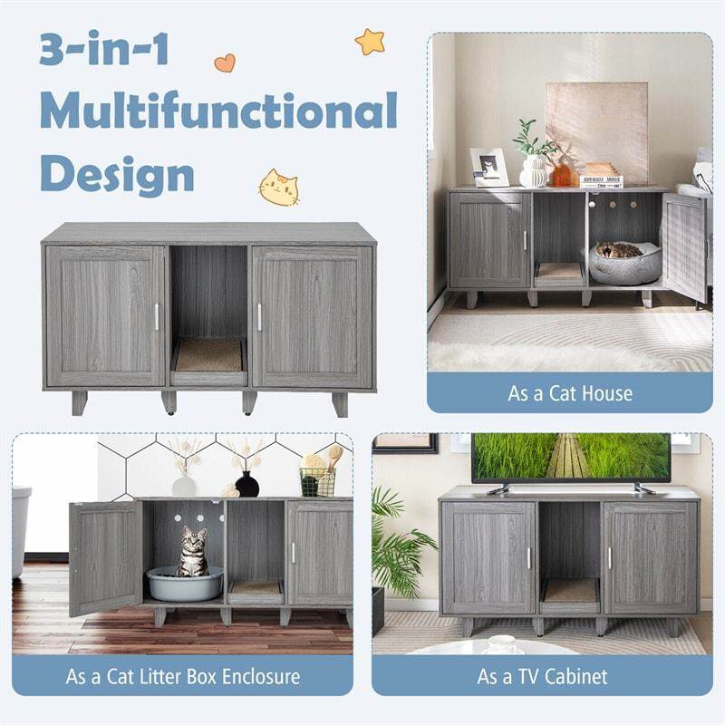 Double Cat Litter Box Enclosure, Large Hidden Cat Washroom Furniture with 2 Cabinets & Scratching Board, Cat House TV Stand Side Table