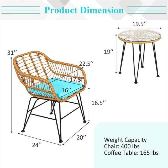 3 Piece Rattan Patio Bistro Set Wicker Conversation Set with Glass Coffee Table & Cushioned Armchairs