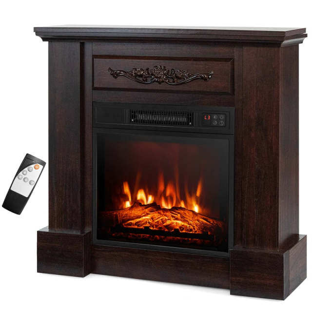32" Electric Fireplace with Mantel, 1400W Freestanding Wood Mantel Heater with 3D Flame Effect, Remote, Thermostat, 6H Timer, CSA Certified
