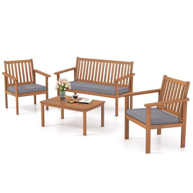 4 Piece Patio Wood Furniture Set Outdoor Acacia Wood Sofa Set with Loveseat, 2 Cushioned Chairs & Coffee Table for Porch Yard Balcony