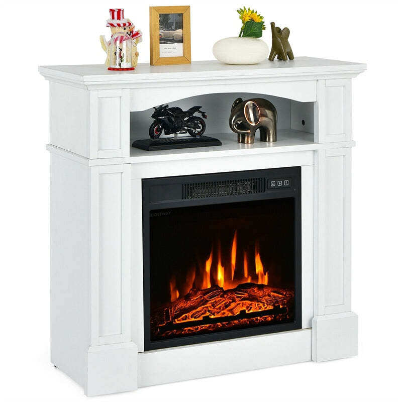 32" Electric Fireplace with Mantel, 1400W Freestanding Heater with Adjustable Flame, Remote Control, Thermostat & Storage Shelf for Living Room