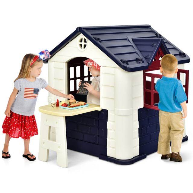 Kids Playhouse, Cottage Pretend Play House with 7PCS Toy Set, Picnic Table & Waterproof Cover for Indoor Outdoor, Boys & Girls Gifts