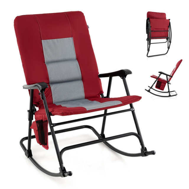 Oversized Folding Rocking Chair with Padded Seat & Metal Frame, Portable Patio Lounge Rocker for Camping, Backyard, 500 lbs Capacity