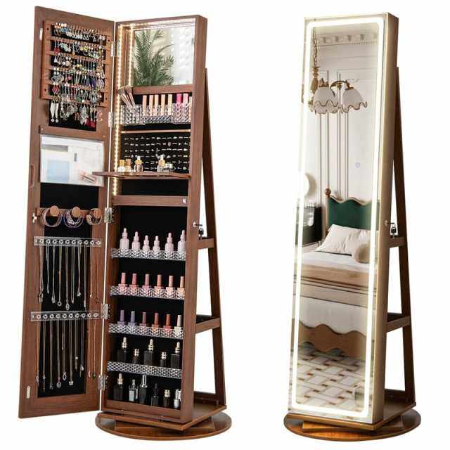 360° Swivel Jewelry Armoire with Full Length Mirror, Adjustable 3-Color LED Lights & Storage Rack, Lockable Standing Jewelry Cabinet Organizer