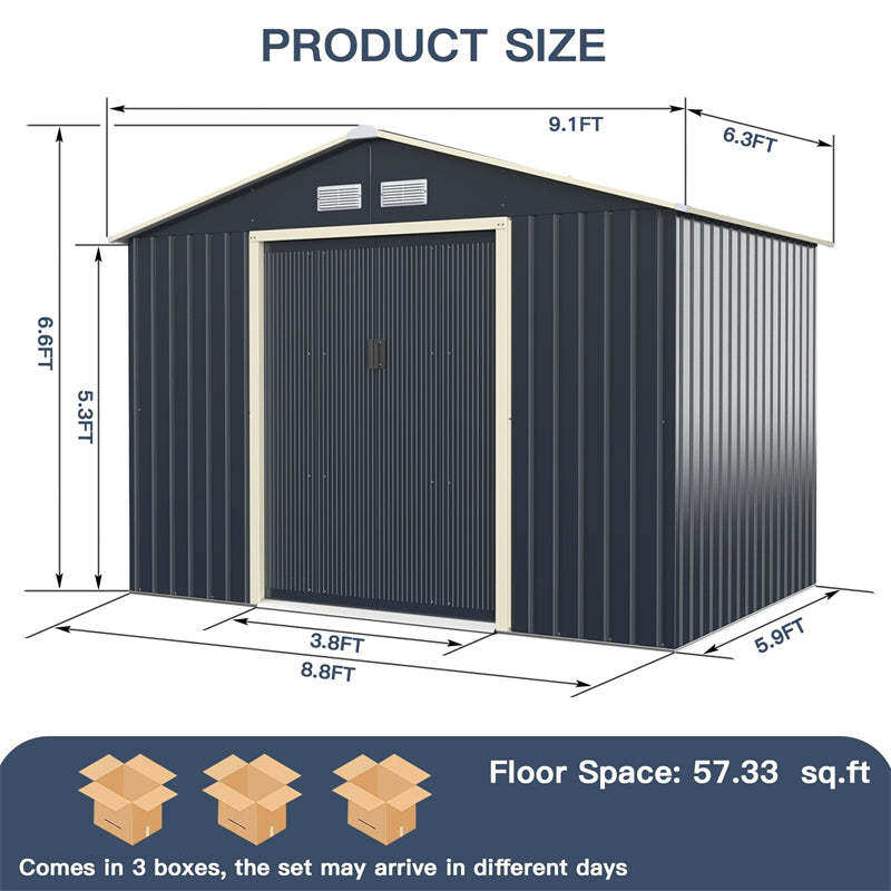 9’ x 6’ Large Outdoor Metal Storage Shed, Galvanized Steel Garden Shed Tool House Backyard Storage Cabinet with 4 Vents & Lockable Double Sliding Door