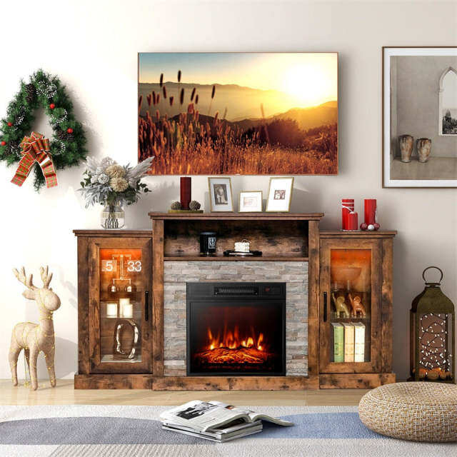59" Fireplace TV Stand for TVs up to 65", Entertainment Center with LED Lights, 18" Electric Fireplace, Remote & APP Control, Glass Shelves