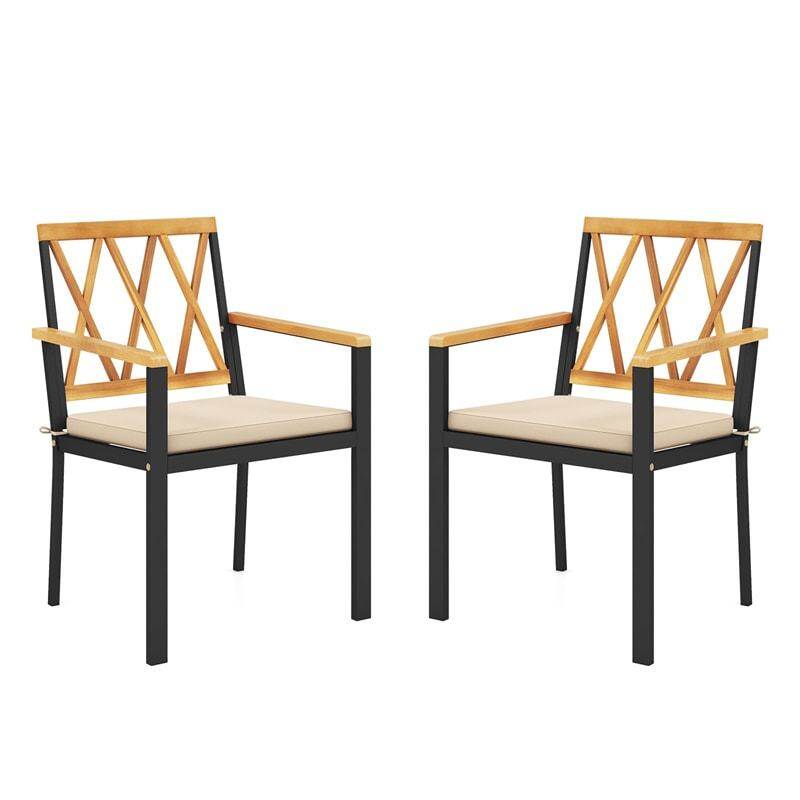 Metal Patio Dining Chairs with Removable Padded Cushions, Acacia Wood Backrests & Armrests, 400LBS Capacity Outdoor Bistro Chairs Crossed Back
