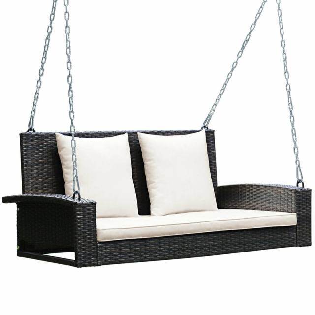 2-Person Wicker Patio Swing Bench with Removable Cushions & Reinforced Steel Chain, 800lbs Capacity Rattan Porch Swing for Backyard, Garden
