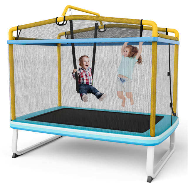 6FT Rectangle Kids Trampoline with Enclosure Net, Horizontal Bar & Swing, ASTM Approved Recreational Mini Trampoline for Toddler Indoor Outdoor