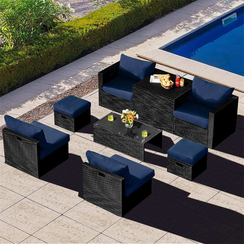 8PCS Wicker Outdoor Sectional Set, Patio Rattan Furniture Set with Storage Box, Coffee Table, Sofas, Ottomans, Cushions & Waterproof Cover
