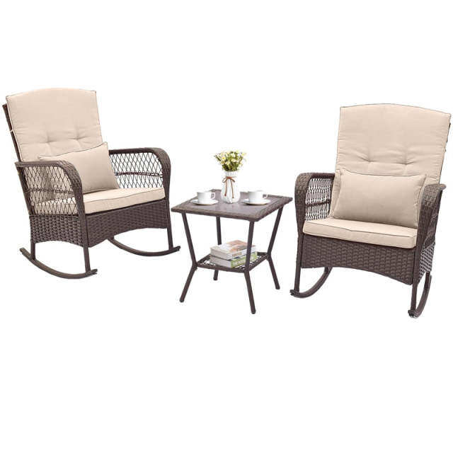 3-Piece Rattan Patio Rocker Set with 2 Rocking Chairs, Tempered Glass Coffee Table & Cushions, Outdoor Bistro Set for Porch, Poolside, Backyard