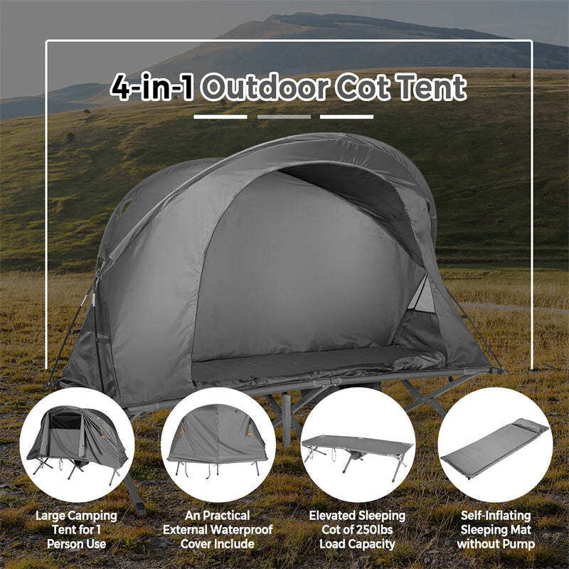 4-in-1 Folding Camping Cot Tent for 1 Person, Portable Elevated Off Ground Tent with Waterproof Cover, Air Mattress & Carrying Bag for Hiking