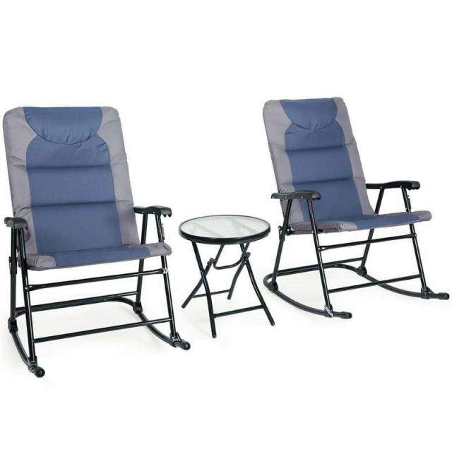 3 Piece Outdoor Folding Bistro Set, High Back Patio Rocking Chairs with Padded Seat & Glass Table for Backyard, Poolside & Deck