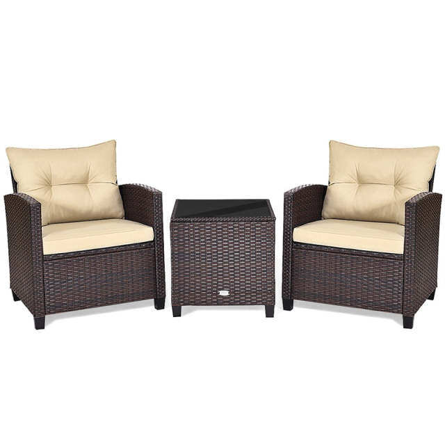 3PCS Rattan Patio Furniture Set with Washable Cushions & Tempered Glass Coffee Table, Outdoor Wicker Conversation Set for Garden, Balcony