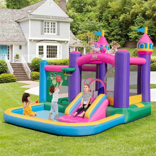 Inflatable Bounce House, 6-in-1 Unicorn Jumping Bouncy Castle with Slide, 2 Ball Pits & Basketball Rim for Kids Indoor Outdoor Fun, Birthday Gift