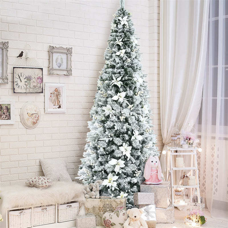 8ft Snow Flocked Artificial Christmas Tree Hinged Pencil Xmas Tree with 807 PVC/PE Branch Tips, White Berries, Poinsettias & Folding Metal Stand