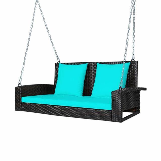 2-Person Wicker Patio Swing Bench with Removable Cushions & Reinforced Steel Chain, 800lbs Capacity Rattan Porch Swing for Backyard, Garden