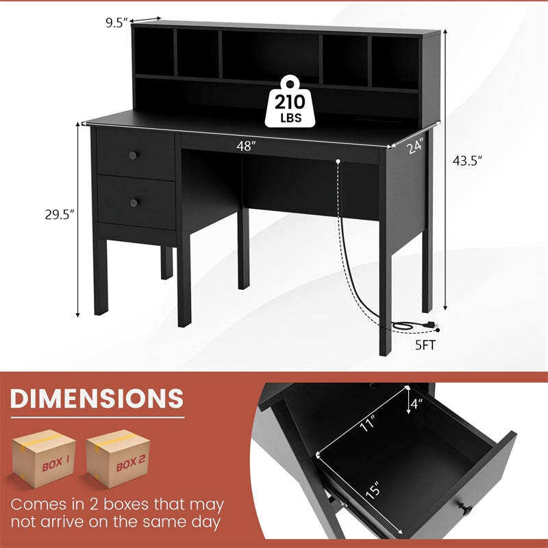 48" Computer Desk with Charging Station, 5-Cubby Hutch & 2 Drawers, Home Office Desk w/Power Outlets, USB/Type-C Ports for Bedroom, Small Space