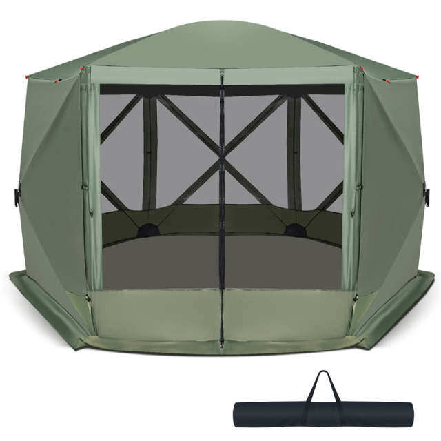 11.5' x 11.5' Pop Up Screen Tent 6-Sided Camping Gazebo Tent Outdoor Instant Canopy Shelter with Netting 2 Wind Clothes & Carry Bag