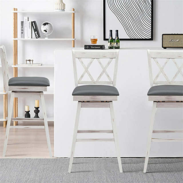 Swivel Bar Stools Set of 2, Rubber Wood 29.5" Counter Height Dining Chairs with Upholstered Cushions, Ergonomic Backrests & Footrests