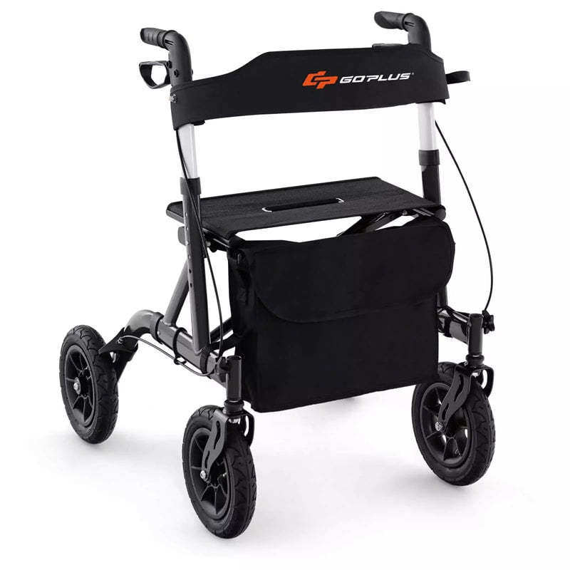 Foldable Rollator Walker with Seat & 9.5" All-Terrain Pneumatic Wheels, 350lbs Heavy Duty Height Adjustable Bariatric Rollator for Seniors/Adults