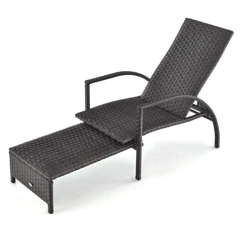 Patio Chaise Lounge Set of 2, Outdoor Rattan Lounge Chairs with Retractable Footrest, 5-Level Adjustable Backrest, Padded Seat, Metal Frame for Yard